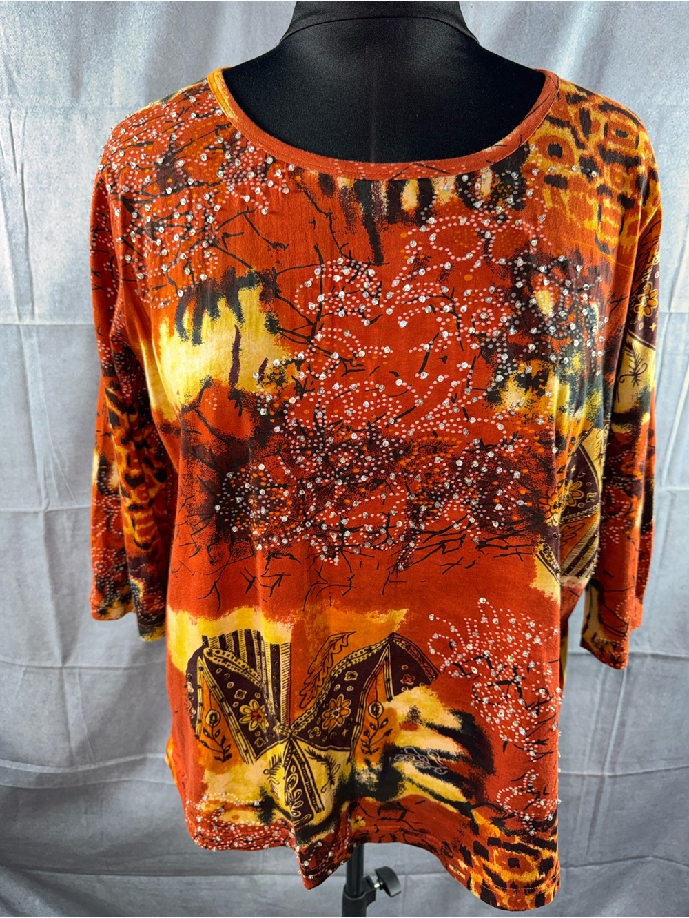 2785-Roaman's Burnt Orange & Yellow Printed Long Sleeve Top